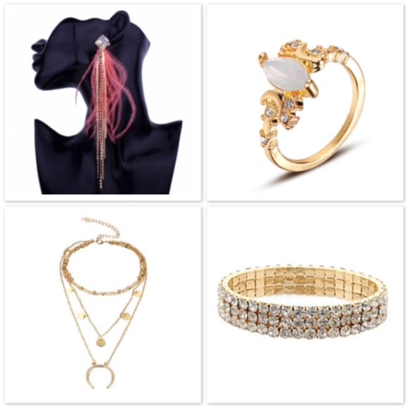 🌸 4PC SET EARRINGS NECKLACE BRACELET RING GOLD HORN MOON BUNDLE SET BOHEMIAN - Picture 7 of 7